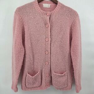 Vintage The May Co Pink Preppy Knit Button Front Cardigan Sweater Pockets Preppy